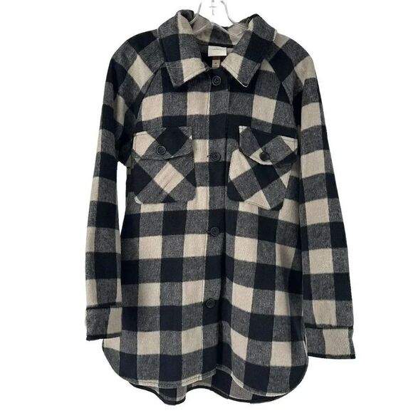 Knox Rose Jackets & Blazers - Knox Rose Shirt Jacket Shacket M Plaid Black Tan Classic Cozy Cabin Wool Blend